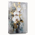 Abstract floral design printed on acrylic glass, showcasing vibrant colors and intricate details, displayed in a side view with decorative pins, enhancing modern decor.