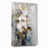 Abstract floral design printed on acrylic glass, showcasing vibrant colors and intricate details, displayed in a side view with decorative pins, enhancing modern decor.