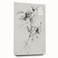 Abstract floral acrylic artwork displayed on a glass panel, showcasing vibrant colors and intricate designs, with decorative pins enhancing its contemporary style.