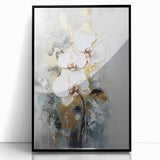 Framed abstract floral artwork featuring vibrant colors and intricate details, set against a sleek black frame, perfect for modern home decor and interior design.