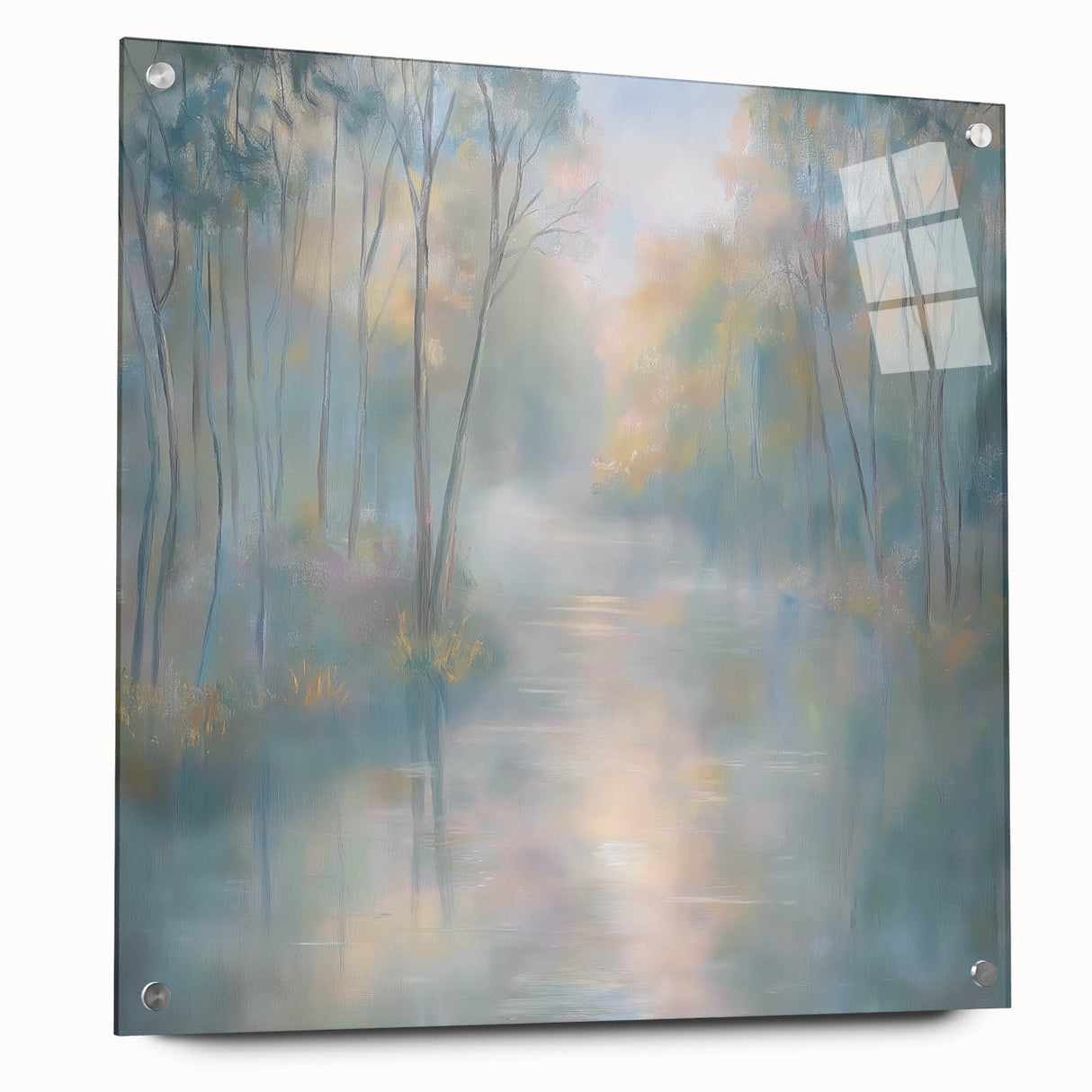 Abstract landscape artwork displayed in acrylic glass, showcasing vibrant colors and intricate patterns, mounted with decorative pins for a modern touch. Ideal for contemporary home decor, this piece adds a striking visual element to any room.
