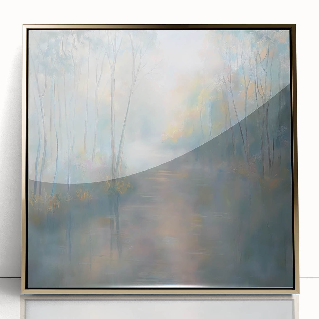 Abstract landscape artwork in a gold-framed acrylic display, showcasing vibrant colors and dynamic shapes, perfect for modern home decor and interior design.