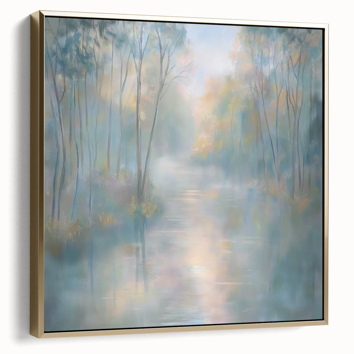 Framed abstract landscape canvas art in silver and gold hues, showcasing a serene natural scene, ideal for modern home decor and interior design.