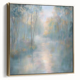 Framed abstract landscape canvas art in silver and gold hues, showcasing a serene natural scene, ideal for modern home decor and interior design.