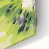 Large abstract wall art featuring assorted fruits in vibrant colors on acrylic glass, ideal for dining room decor.