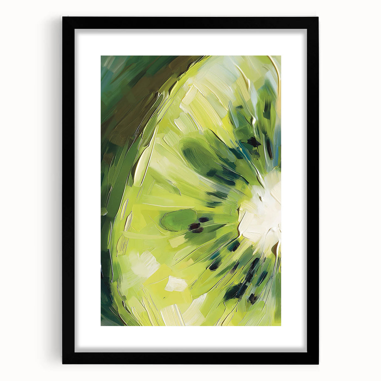 Extra large abstract art print featuring vibrant colors and textured fruits, framed in black, ideal for living room decor.