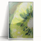 Art deco poster featuring an assortment of vibrant fruits on a white acrylic framed print, ideal for modern kitchen decor.