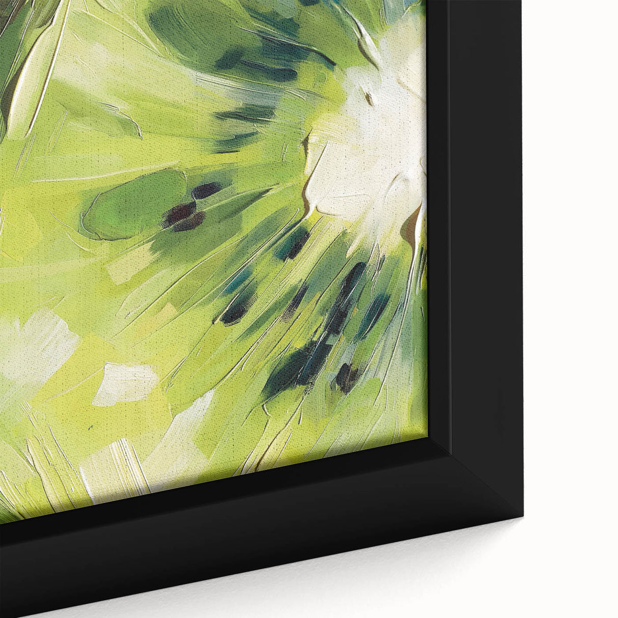 Close-up of black wall art featuring colorful, textured fruits on a large framed canvas, ideal for living room decor.