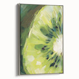 Landscape art painting of colorful fruits on a black background, framed in silver, ideal for kitchen wall decor.