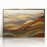 Large art print of a mid-century modernist fall scene in gold and brown tones, framed acrylic, ideal for nursery wall decor.