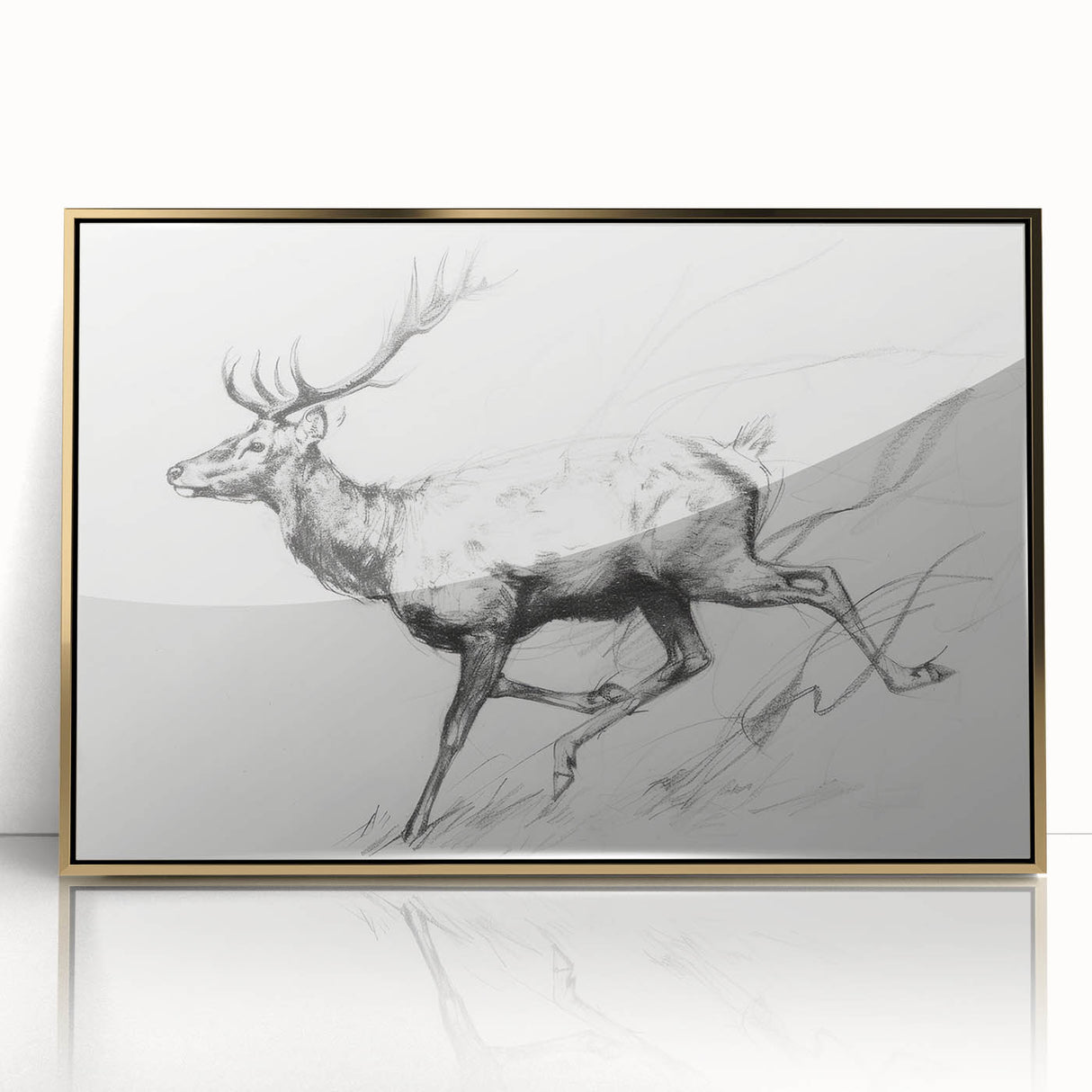 Framed abstract figurative art piece in acrylic with a gold color scheme, showcasing fluid shapes and modern design elements, ideal for contemporary decor.