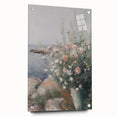 Abstract floral acrylic glass artwork displayed from a side view, featuring vibrant colors and intricate patterns, secured with decorative pins for a contemporary touch.