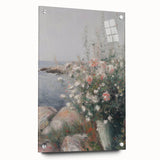 Abstract floral acrylic glass artwork displayed from a side view, featuring vibrant colors and intricate patterns, secured with decorative pins for a contemporary touch.