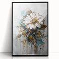 Framed acrylic artwork showcasing a vibrant abstract floral design in hues of blue and pink, set against a sleek black background, perfect for modern home decor.