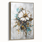 Framed canvas artwork showcasing abstract floral designs in vibrant colors with gold accents, ideal for modern home decor, highlighting elegance and style.