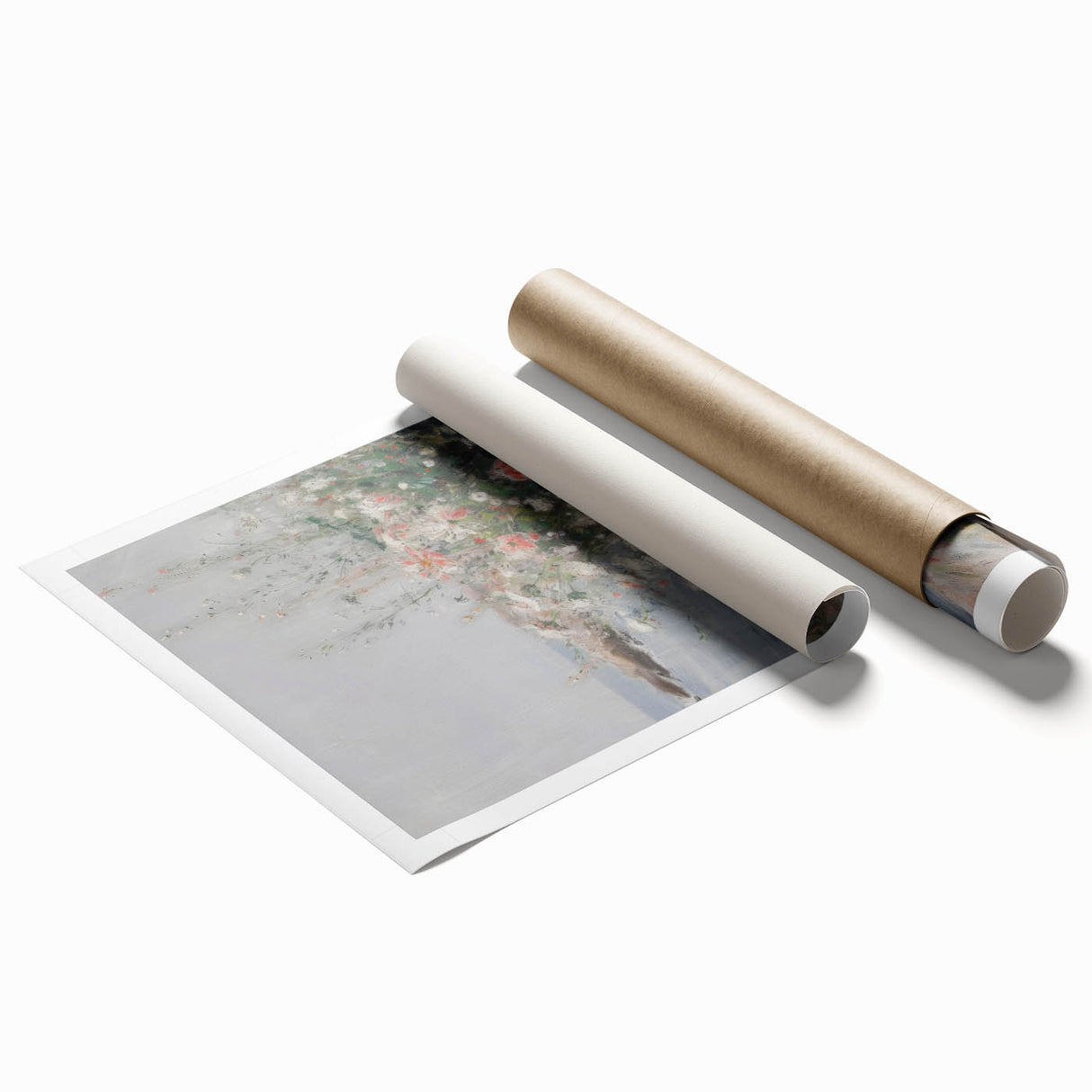 Abstract floral rolled print showcasing vibrant colors and intricate designs, elegantly packaged in a durable cardboard tube for easy storage and display. Ideal for home decor enthusiasts seeking a modern artistic touch.