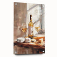 Large abstract wall art on acrylic glass depicting vibrant, multicolor swirls, ideal for dining room decor.