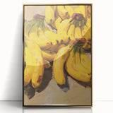 Mid-century modernist acrylic print of colorful fruits in a gold frame, suitable for modern kitchen decor.
