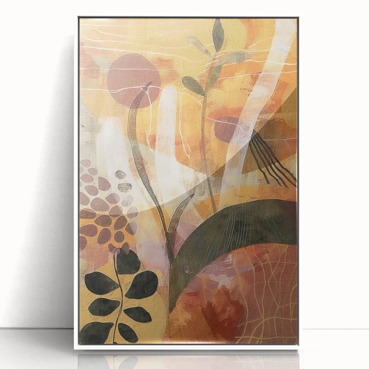 Art deco poster featuring an autumnal scene with orange and brown tones on a white framed acrylic.