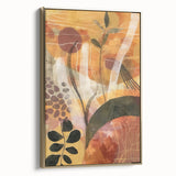 Framed canvas depicting a vintage landscape painting with autumnal trees in muted gold and black tones.