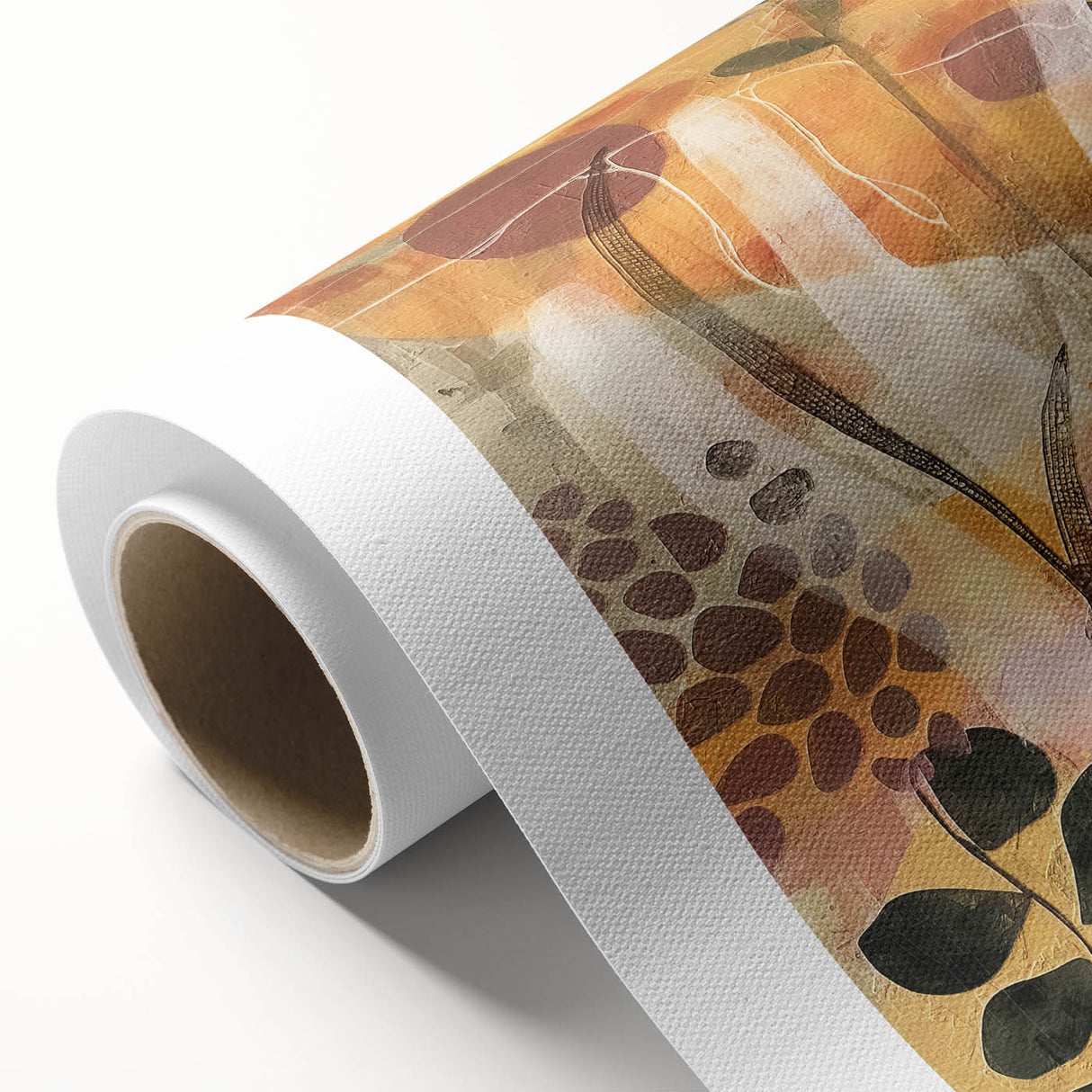 Art deco poster of autumnal trees in gold and brown tones on rolled canvas, suitable as nursery wall art.