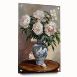 Abstract floral acrylic glass artwork displayed from the side, featuring vibrant colors and intricate designs, secured with decorative pins for a modern aesthetic.