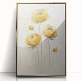 Framed acrylic artwork showcasing vibrant abstract floral designs in gold and pastel colors, perfect for modern home decor. Ideal for living rooms or offices.