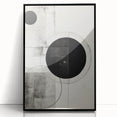 Abstract minimalist wall art in a sleek black frame, showcasing geometric shapes and subtle color gradients, perfect for modern home decor or office aesthetics.