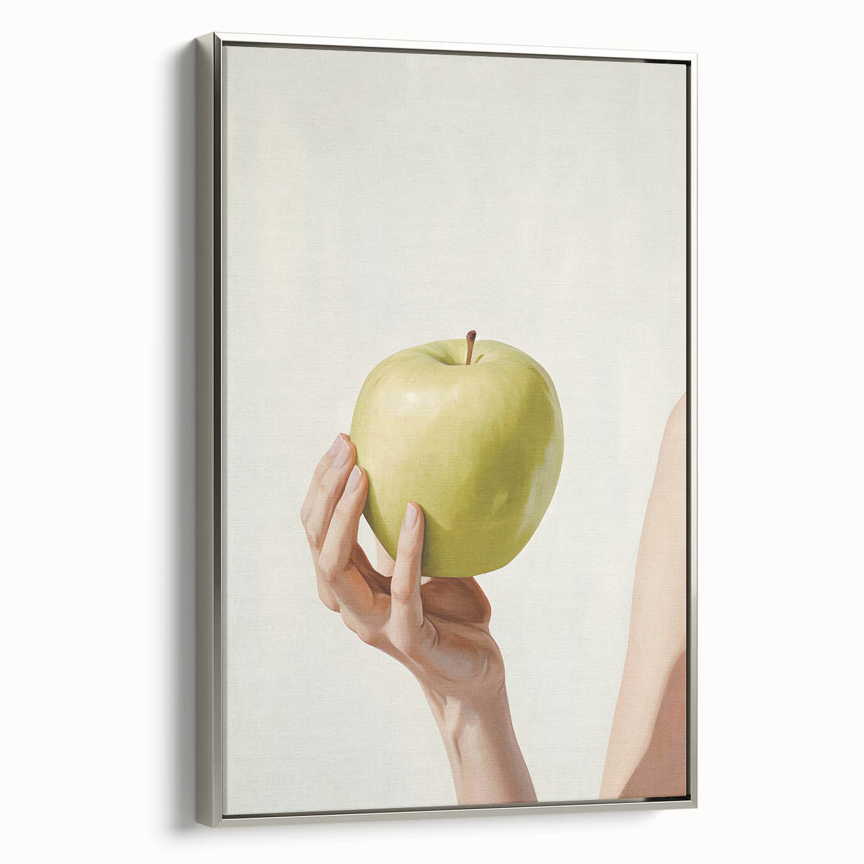 Landscape art painting of colorful fruits on black background in a silver frame, ideal for kitchen decor.