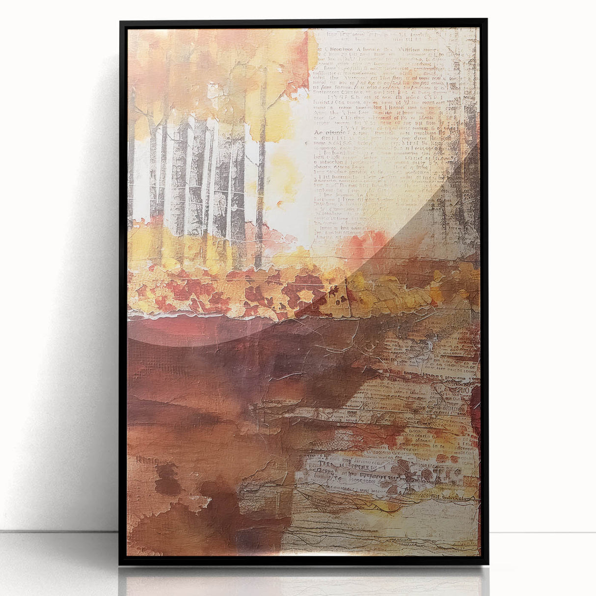 Large abstract wall art depicting fall colors in mid-century modernist style on a framed acrylic.