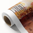 Art deco poster of a stylized autumn tree with orange and brown tones on rolled canvas, ideal for nursery wall art.