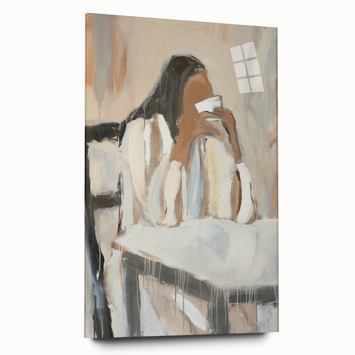 Abstract figurative acrylic artwork displayed in a glass frame, showcasing vibrant colors and fluid shapes from a side view, ideal for modern decor.
