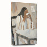 Abstract figurative acrylic artwork displayed in a glass frame, showcasing vibrant colors and fluid shapes from a side view, ideal for modern decor.