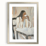 Abstract figurative artwork framed in a silver mat, showcasing a modern design with subtle hues and textures, perfect for contemporary home decor.