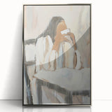 Abstract figurative artwork in a sleek silver frame, showcasing vibrant colors and dynamic shapes, perfect for modern home decor and artistic expression.