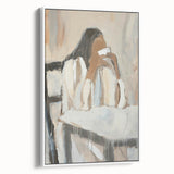 Framed abstract figurative canvas art with a white border, showcasing vibrant colors and dynamic shapes, perfect for modern decor in living spaces.