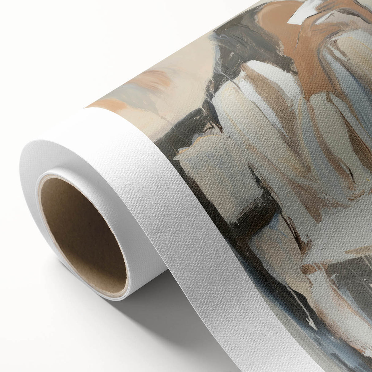 Abstract figurative artwork on rolled canvas, showcasing vibrant colors and dynamic shapes, designed for modern home decor, delivered in a protective tube.