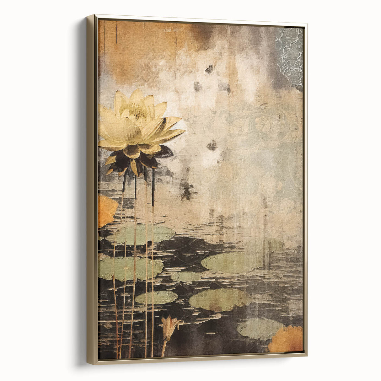 Serene Lotus Wall Art – Gold & Brown Modern Canvas Print