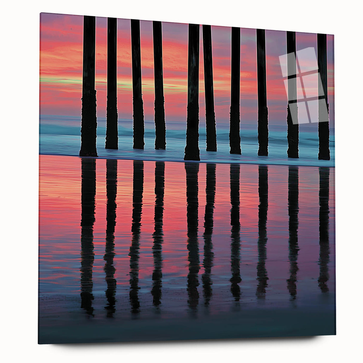 Abstract landscape artwork displayed in a sleek acrylic frame, showcasing vibrant colors and dynamic patterns, ideal for modern home decor. The side view highlights the glass edges and contemporary design, making it a striking addition to any living space.