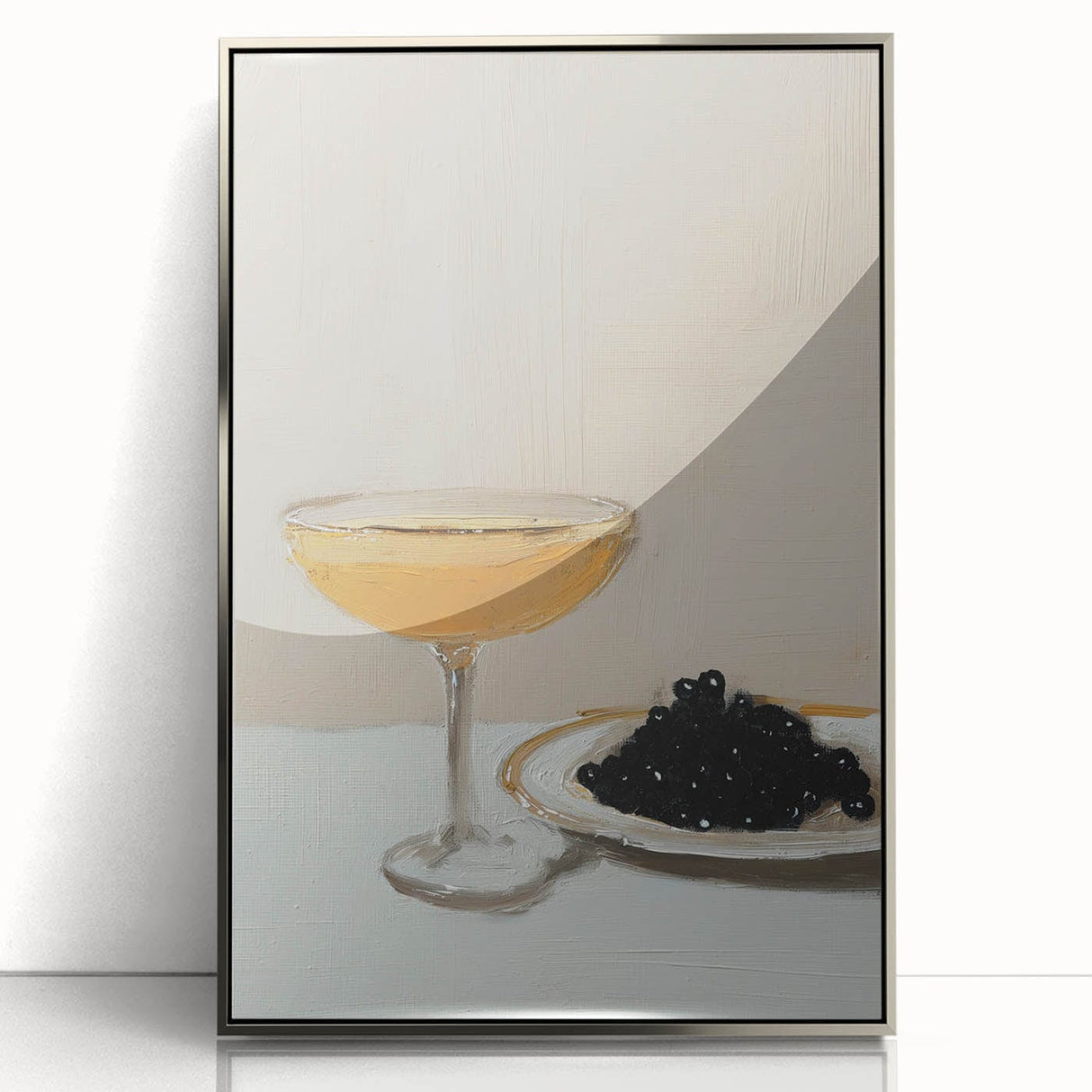 Mid-century modernist art depicting various food and drinks in muted earth tones on a framed acrylic.