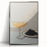 Mid-century modernist art depicting various food and drinks in muted earth tones on a framed acrylic.