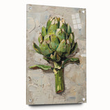 Large abstract wall art featuring assorted fruits in vibrant colors on acrylic glass, ideal for dining room decor.