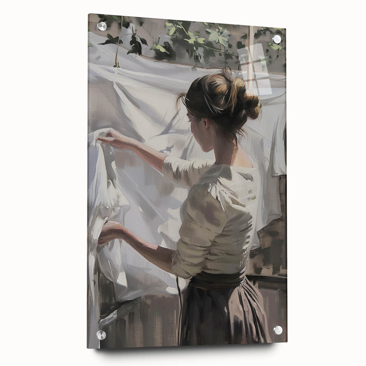 Abstract figurative acrylic artwork displayed in a glass frame, showcasing vibrant colors and intricate pin details, ideal for modern home decor.