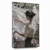 Abstract figurative acrylic artwork displayed in a glass frame, showcasing vibrant colors and intricate pin details, ideal for modern home decor.