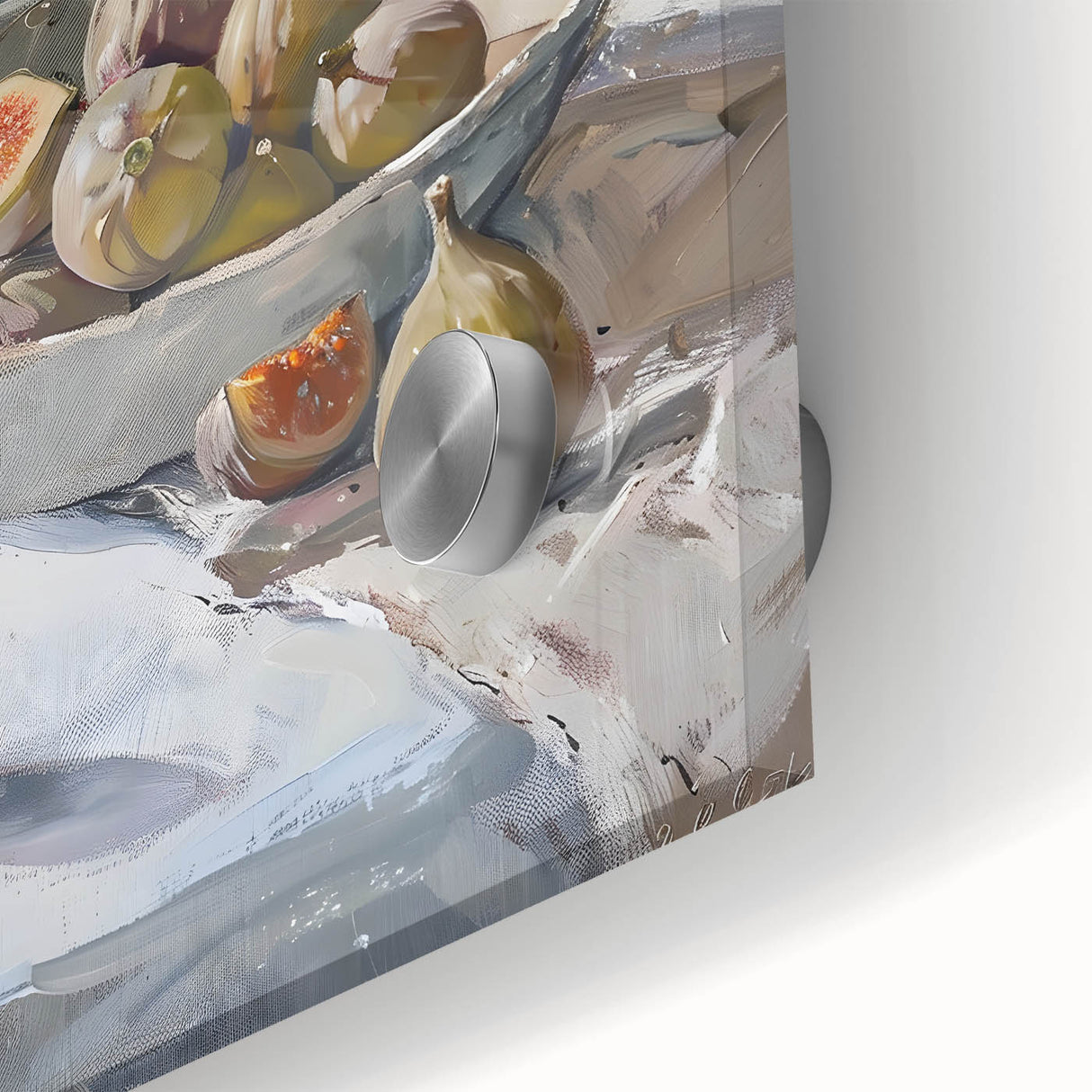 Close-up of large abstract wall art featuring assorted fruits in vibrant colors on acrylic glass.