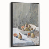 Black and white vintage poster art of assorted fruits on a framed canvas, ideal for bedroom wall decor.