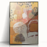 Mid-century modernist art depicting an abstract fall scene in warm orange tones, framed in silver acrylic.