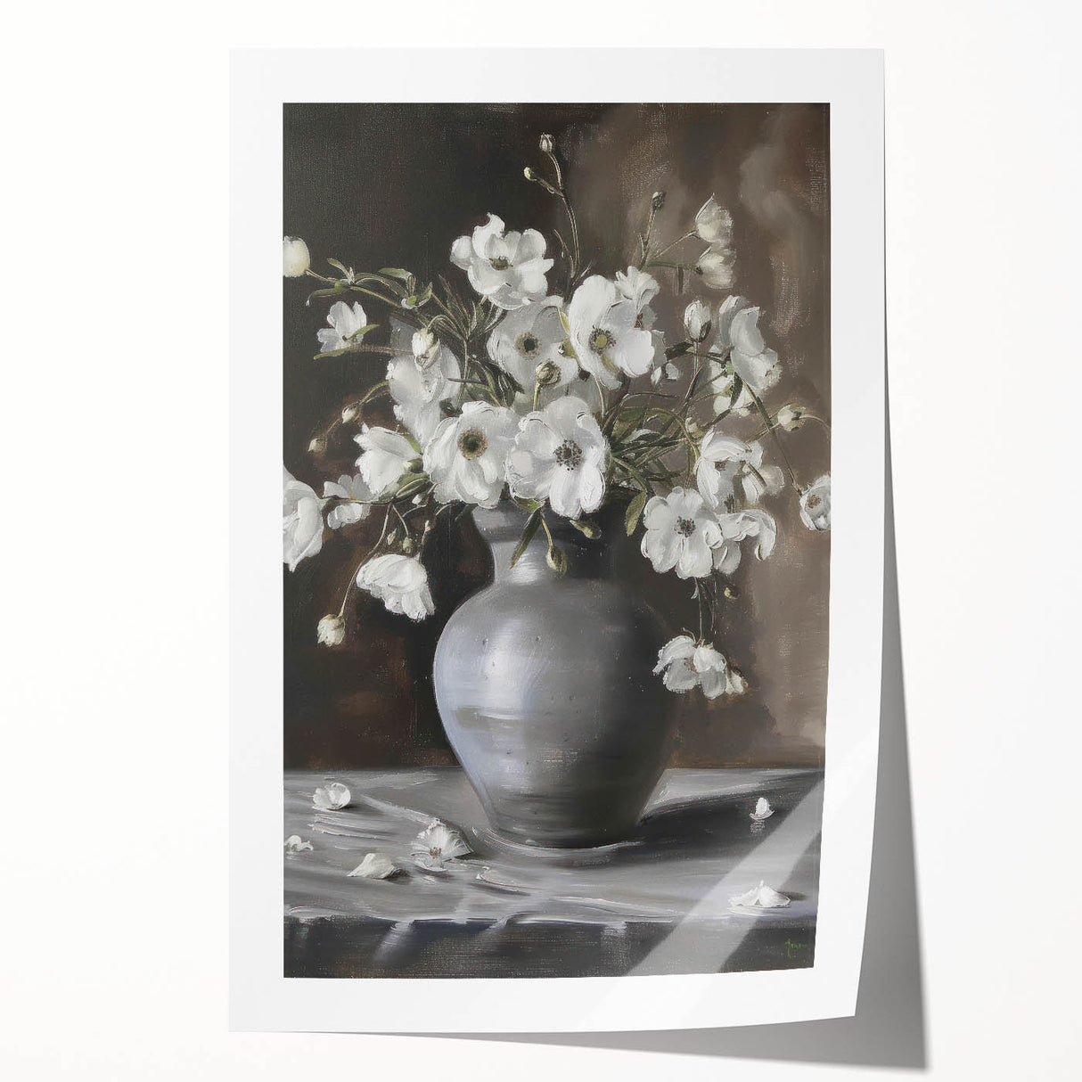 Abstract floral rolled print showcasing vibrant colors and intricate designs, elegantly packaged in a protective cardboard tube for easy display and storage.