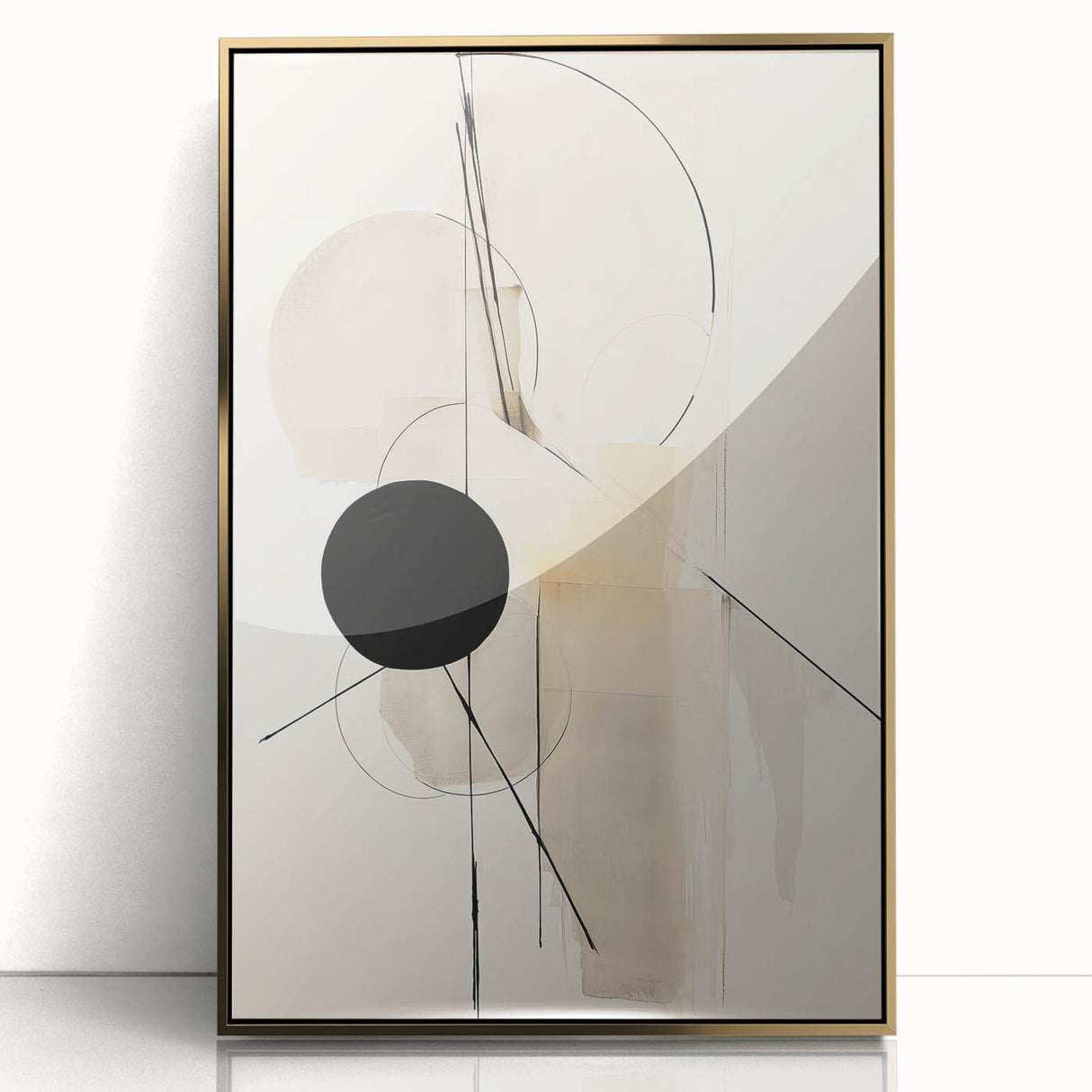 Framed abstract minimalist wall art featuring gold accents and a sleek acrylic finish, ideal for modern decor, enhancing any living space with elegance.