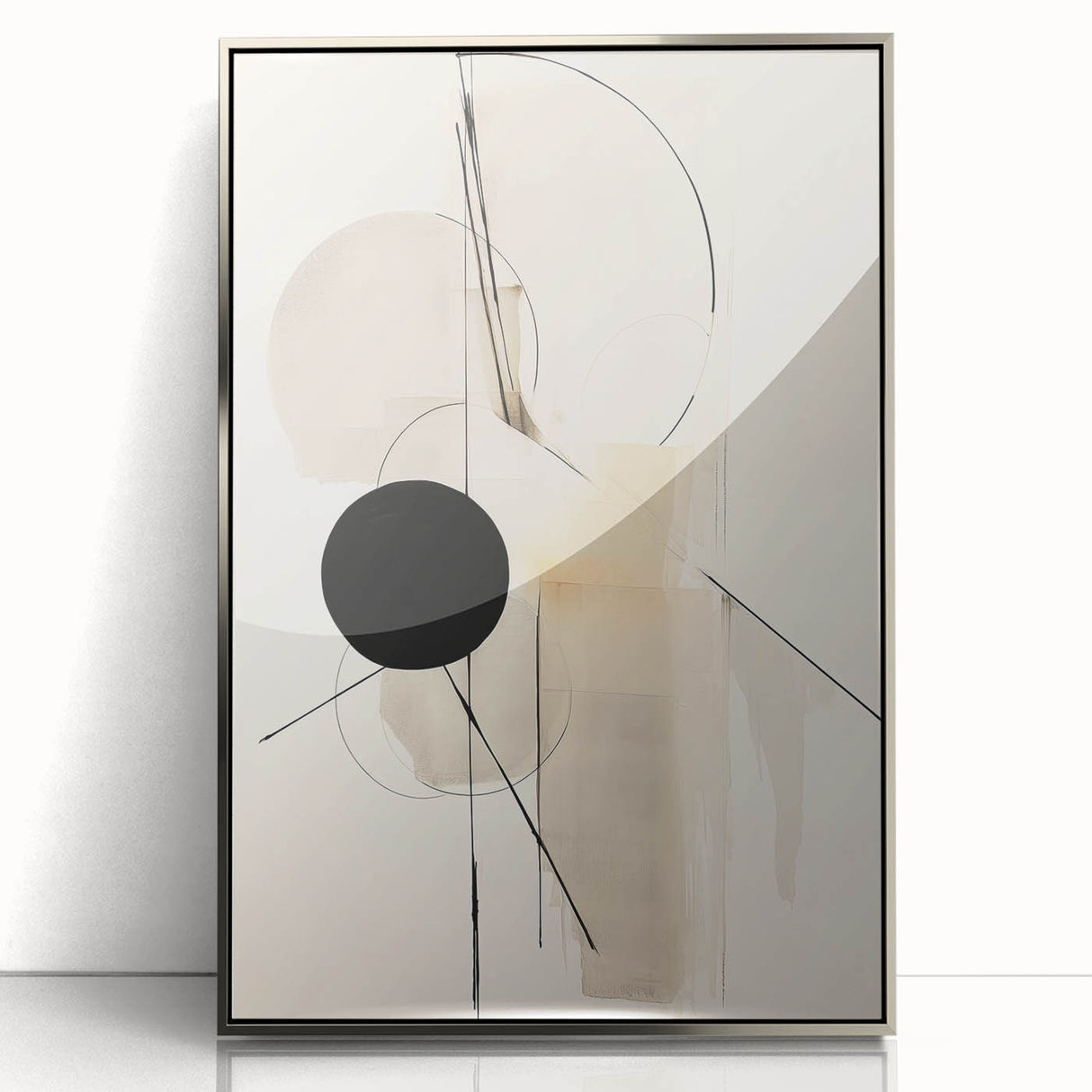 Framed minimalist wall art showcasing an abstract design in silver tones, set against a sleek acrylic backdrop, perfect for modern home decor.